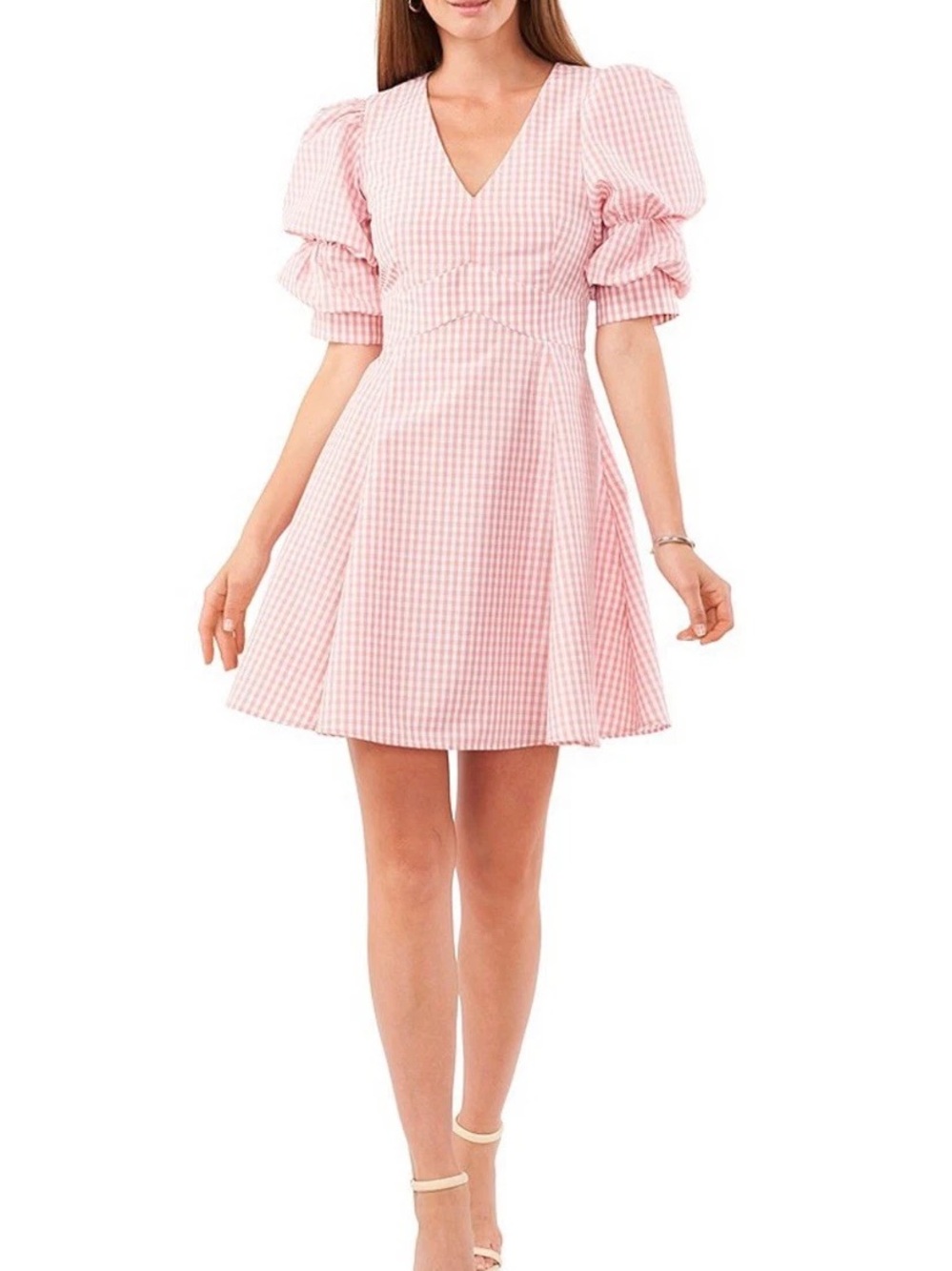 1. STATE Pink Gingham Puff-Sleeve Dress